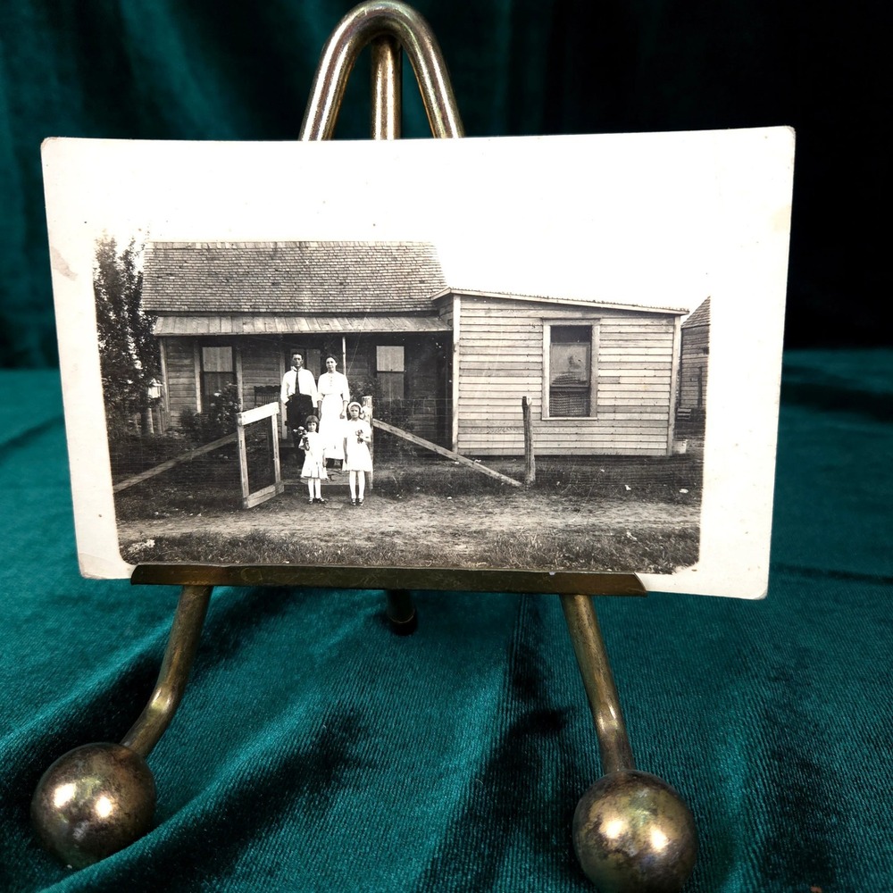 Vintage RPPC Real Photo Postcard Family Portrait in Front of House